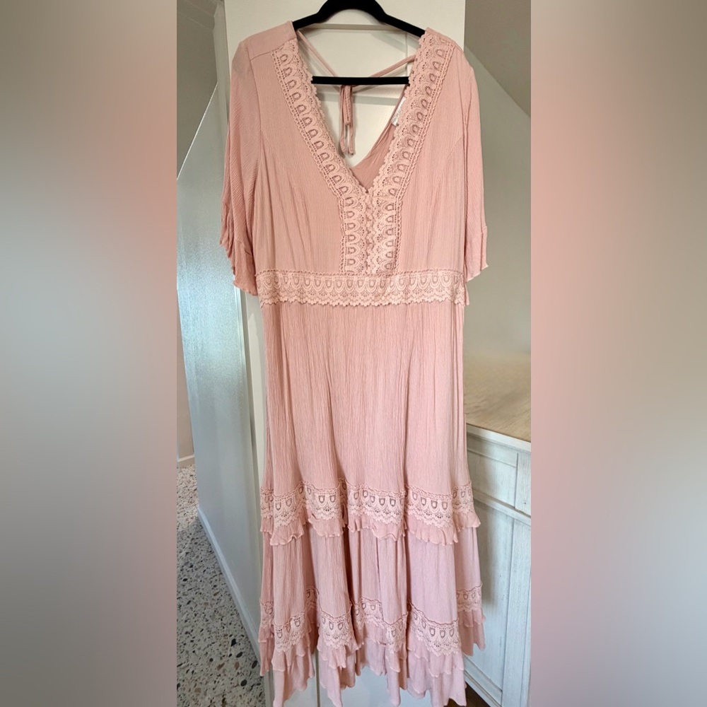 City Chic Blush Pink Maxi Dress with Lace Trim